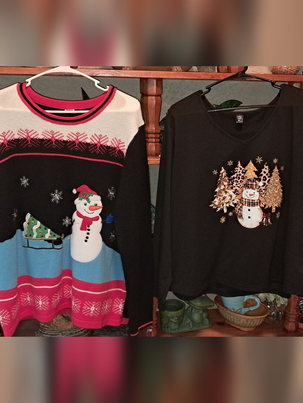 Festive Snowman Knit Sweater - Black, Pink & Blue And Black Gold Christmas Shirt